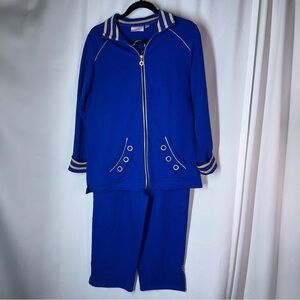 Quaker Factory Women’s Sz XS Athleisure Set Jacket & Capris‎ Pants Blue Gold EUC
